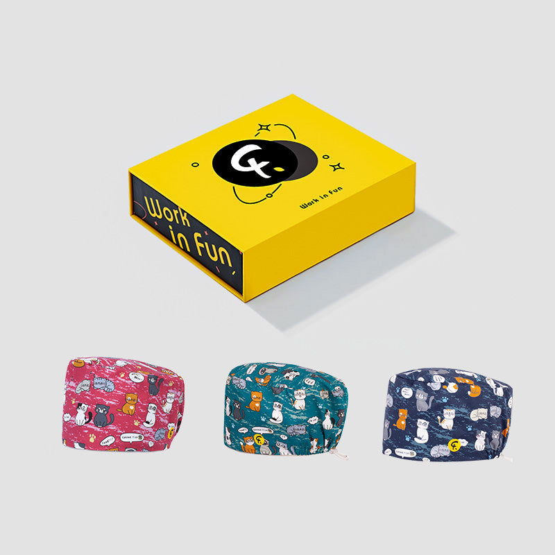 Beanie Cartoon Print Cap Doctor Nurse Surgical Cap Cotton Summer Men and Women Cat Tea Party