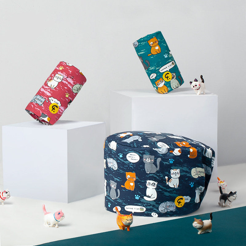 Beanie Cartoon Print Cap Doctor Nurse Surgical Cap Cotton Summer Men and Women Cat Tea Party